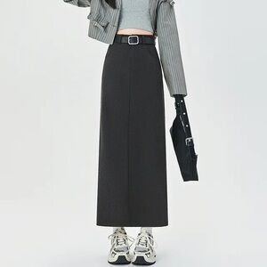 High-Waist Slit-Back Woolen A-Line Maxi Skirt